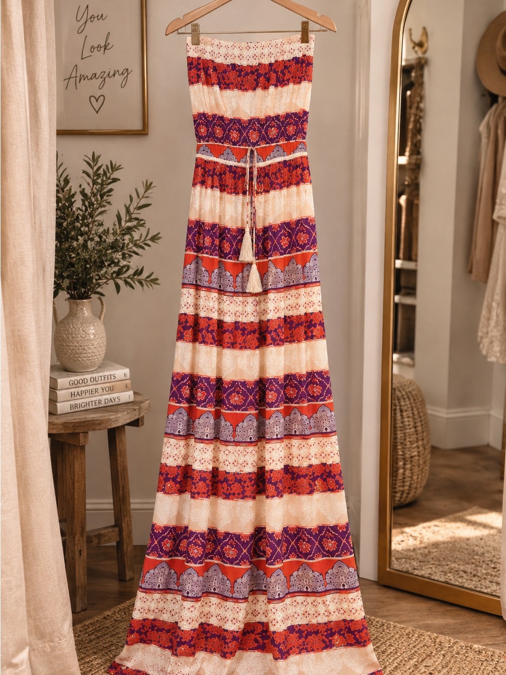 Boho Romantic Vibe Smocked Strapless Maxi Dress GAME DAY Sz. Small Like New